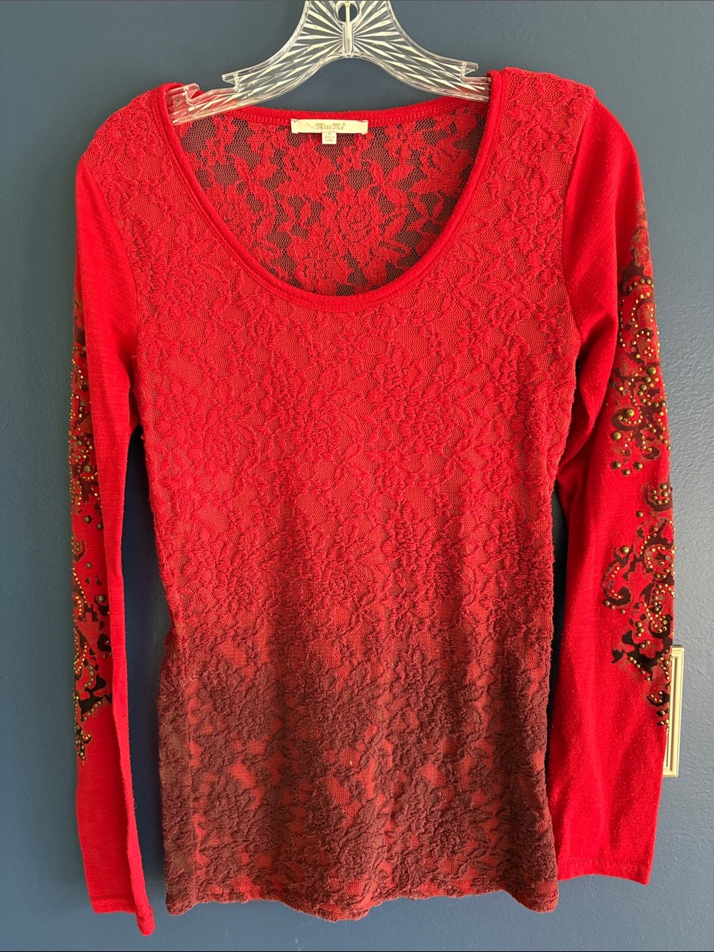 Miss Me Red Lace Ombre Long-Sleeve Top with Embellished Sleeves